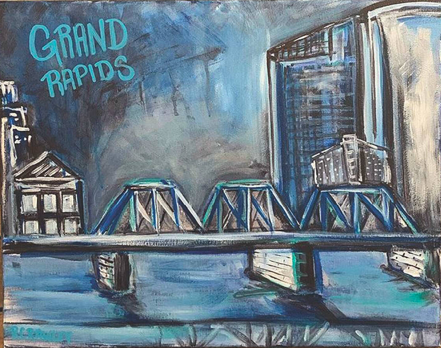 Cityscape of downtown Grand Rapids in shades of blue, featuring the Blue Bridge.